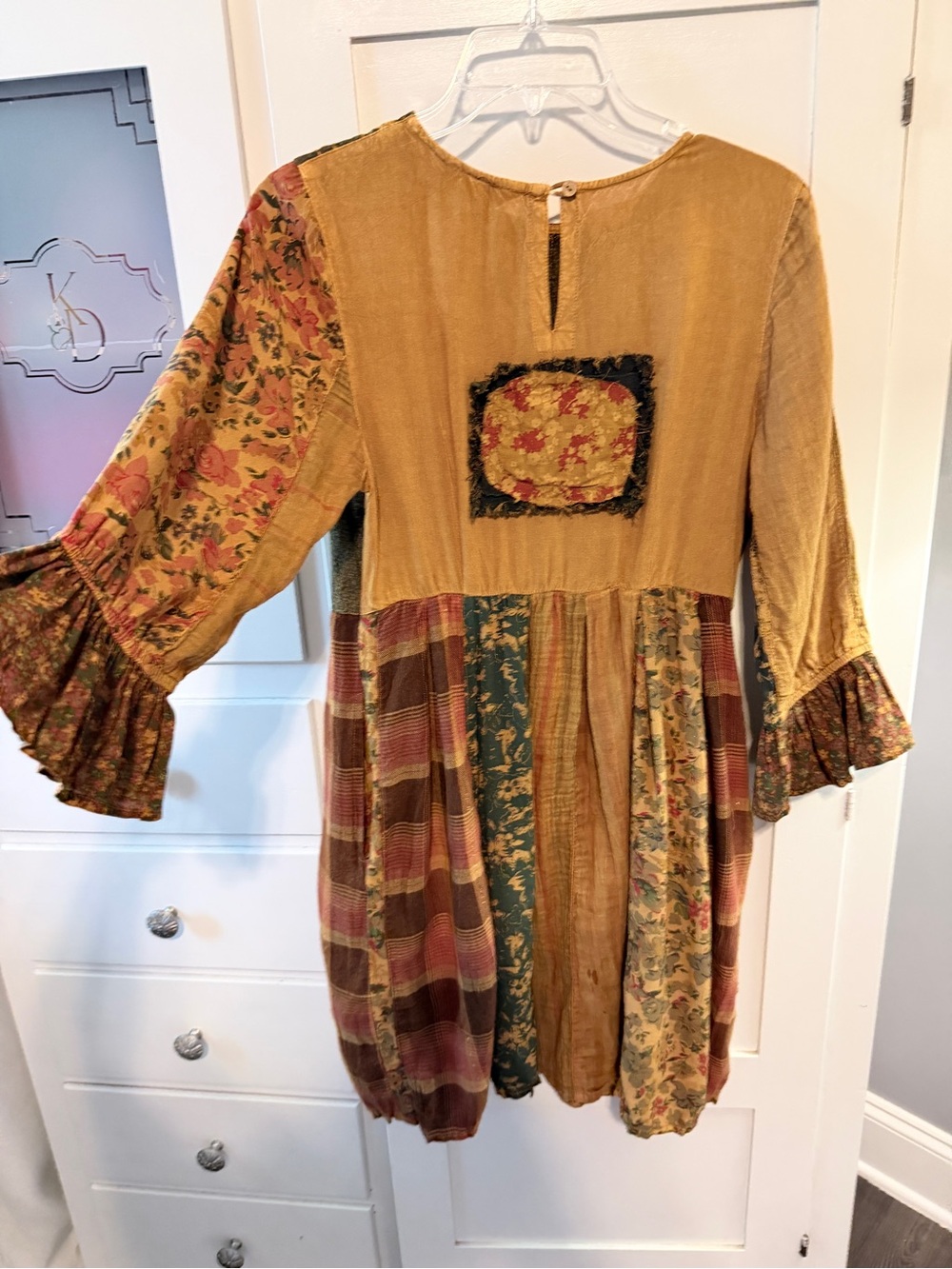 Boho Patchwork Casual Midi Dress in Mustard and Burgundy - Picture 3 of 14